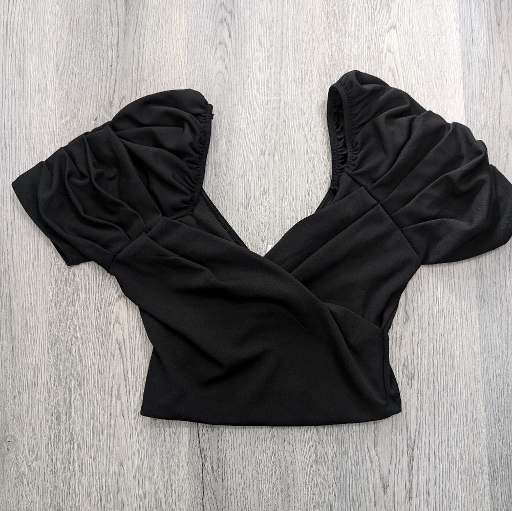 Revamped Black Sweetheart Crop Top Puff Sleeve Goth Pin Up Retro Size M - Picture 1 of 9